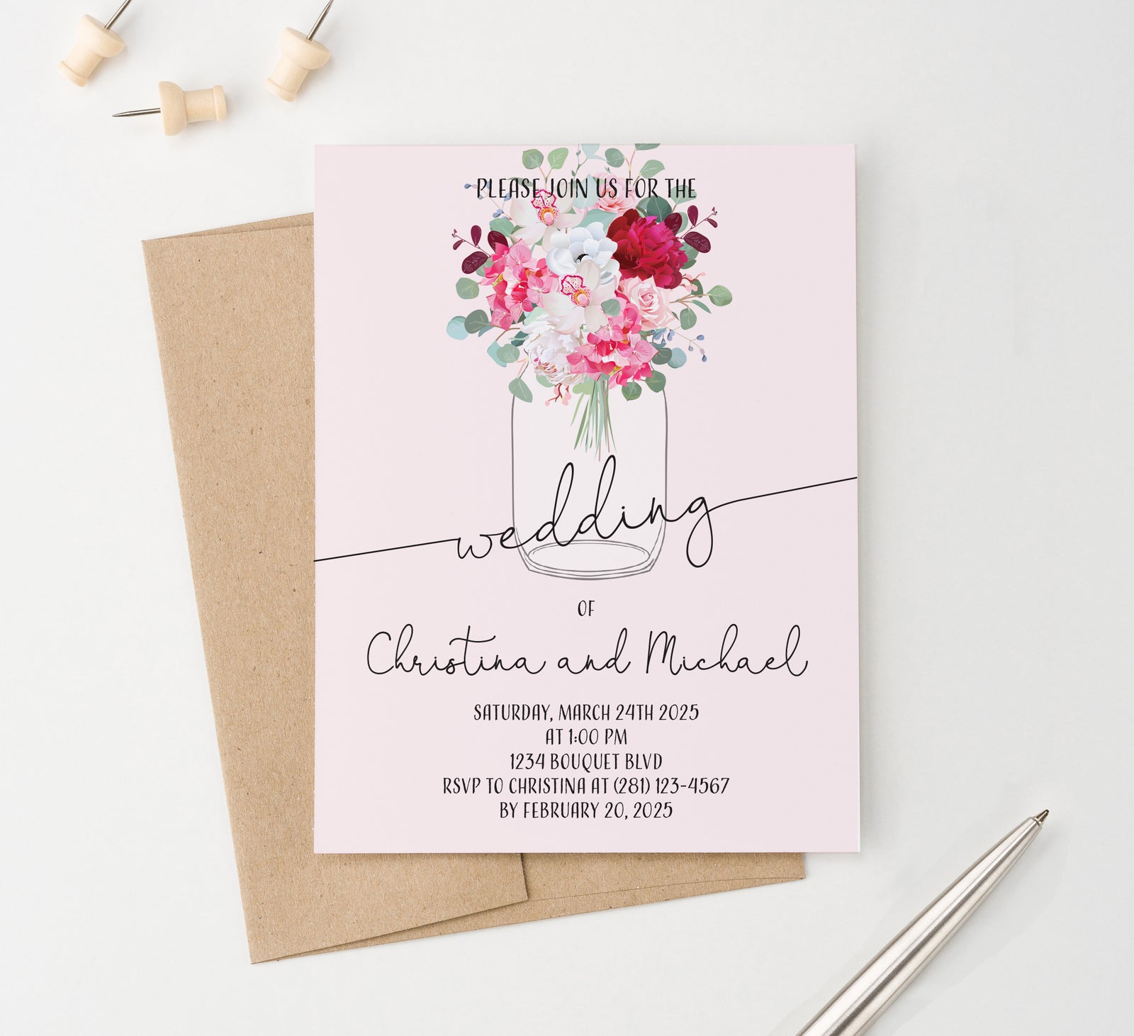 WI007 Rustic Mason Jar Wedding Invitations Personalized floral florals country farmhouse elegant modern invite marriage