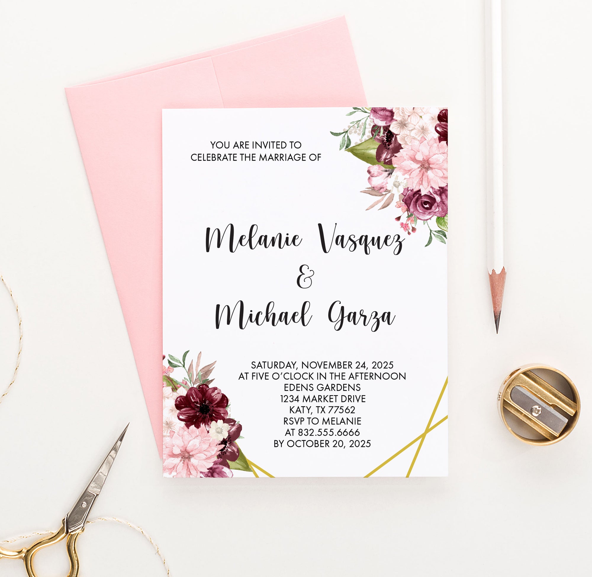 WI008 Personalized Burgundy Floral Wedding Invites flowers flower elegant modern pink maroon invitations marriage