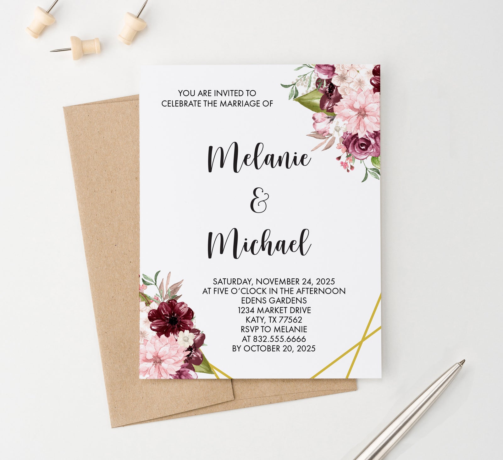 WI008 Personalized Burgundy Floral Wedding Invites flowers flower elegant modern pink maroon invitations marriage