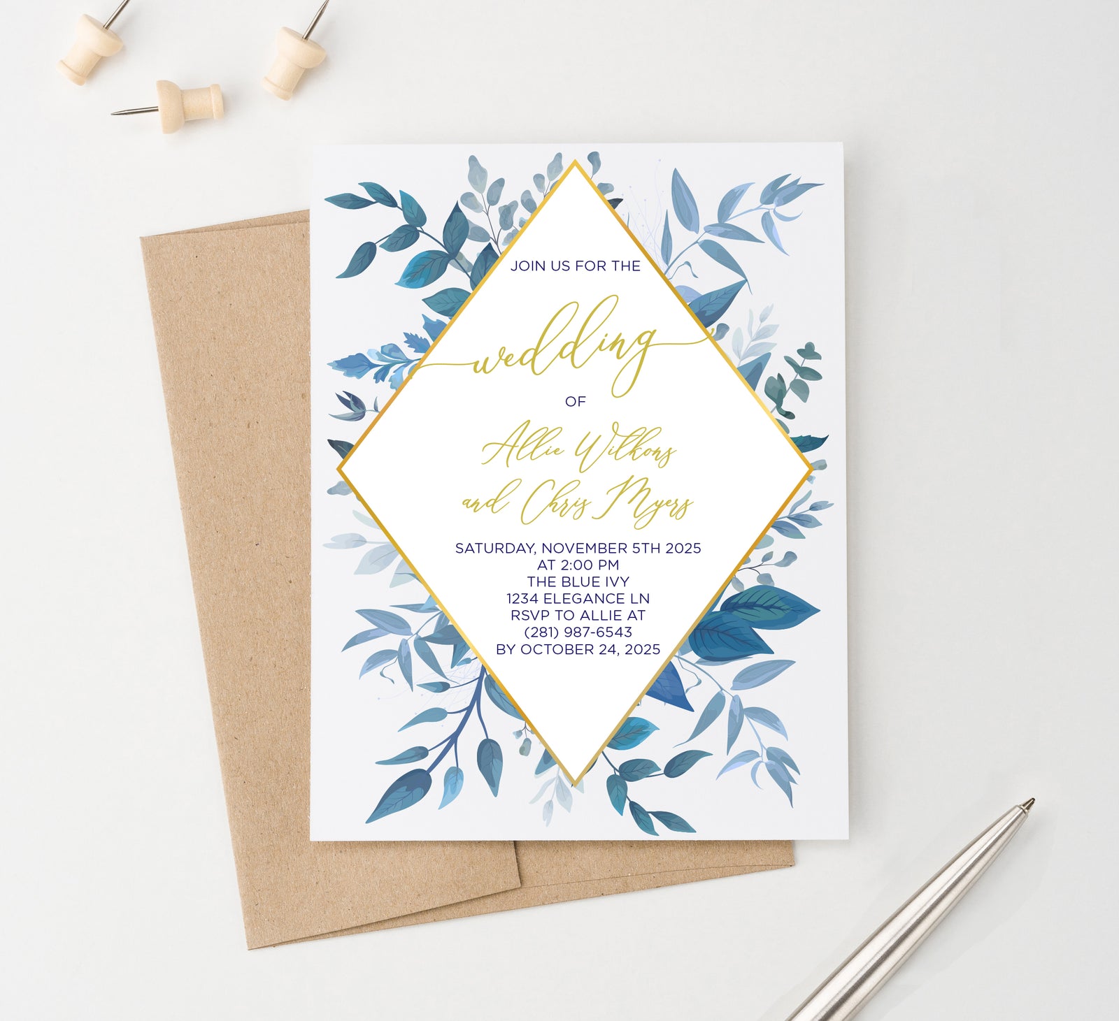 WI009 Customized Elegant Blue Greenery Wedding Invites Navy gold modern marriage ceromony invitations