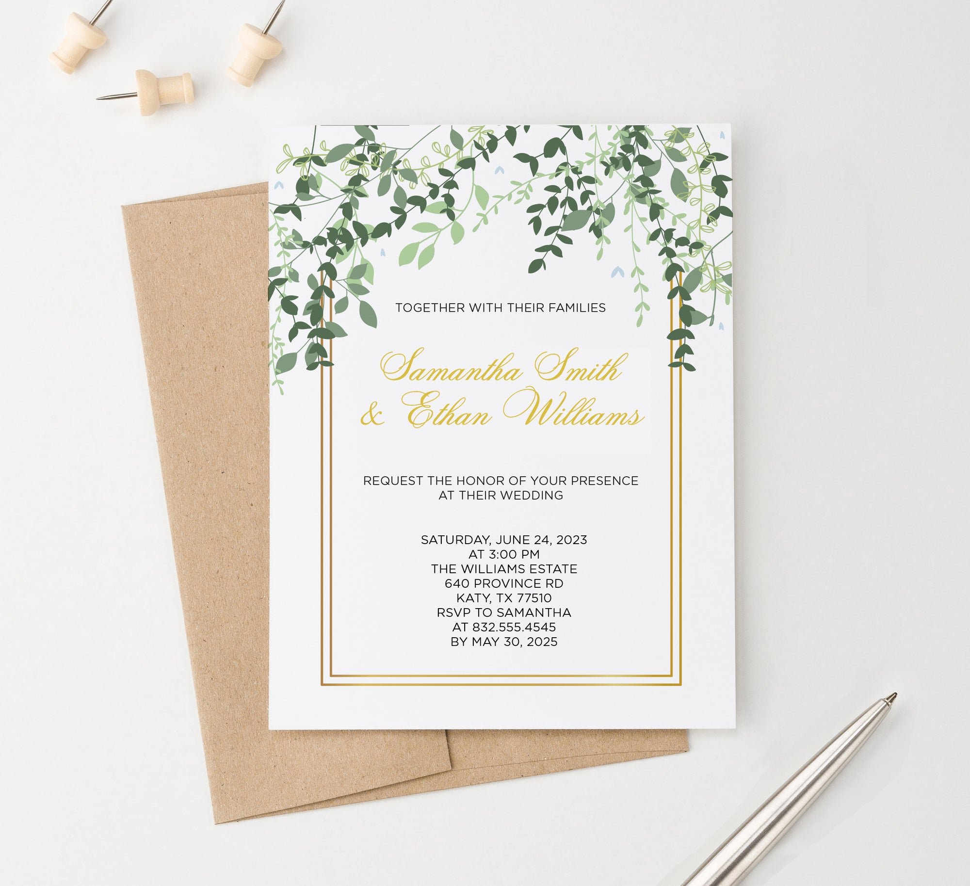Personalized Elegant Greenery Wedding Invitations with Gold Border