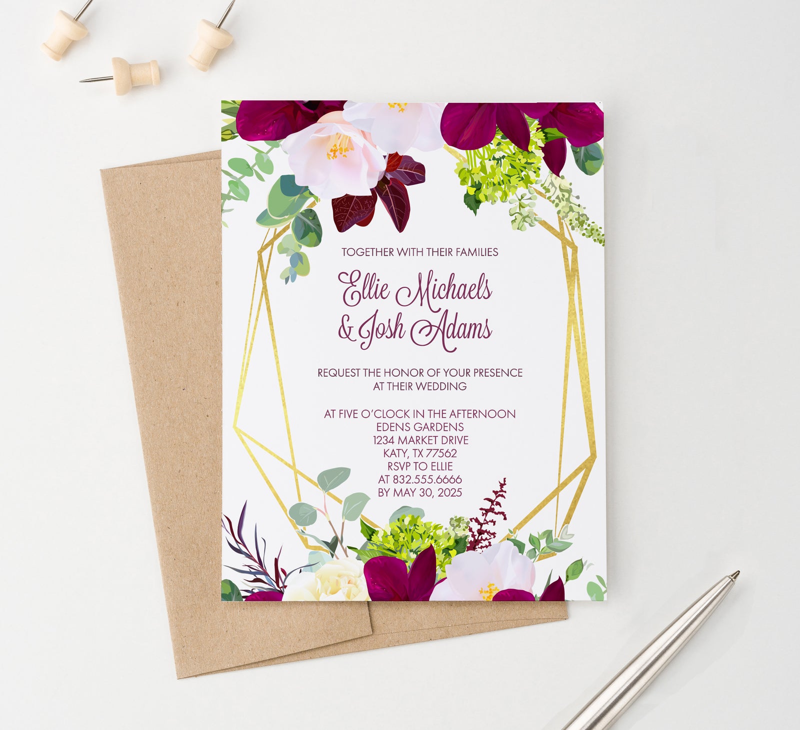 Custom Elegant Burgundy Floral Wedding Invites with Gold Frame