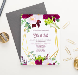 Custom Elegant Burgundy Floral Wedding Invites with Gold Frame
