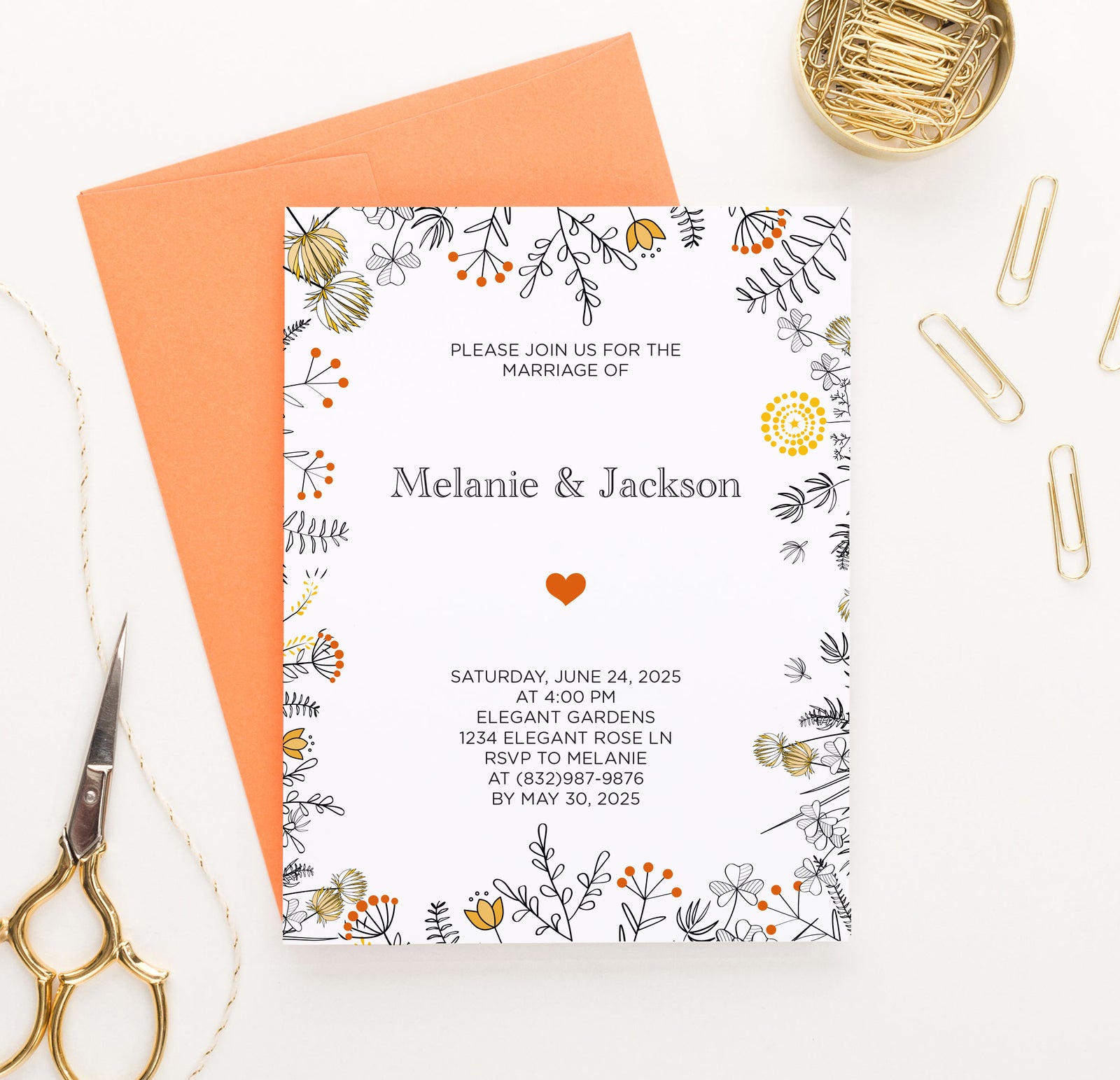 WI014 Cute Floral Wedding Invites Personalized flowers simple modern yellow orange marriage invitations