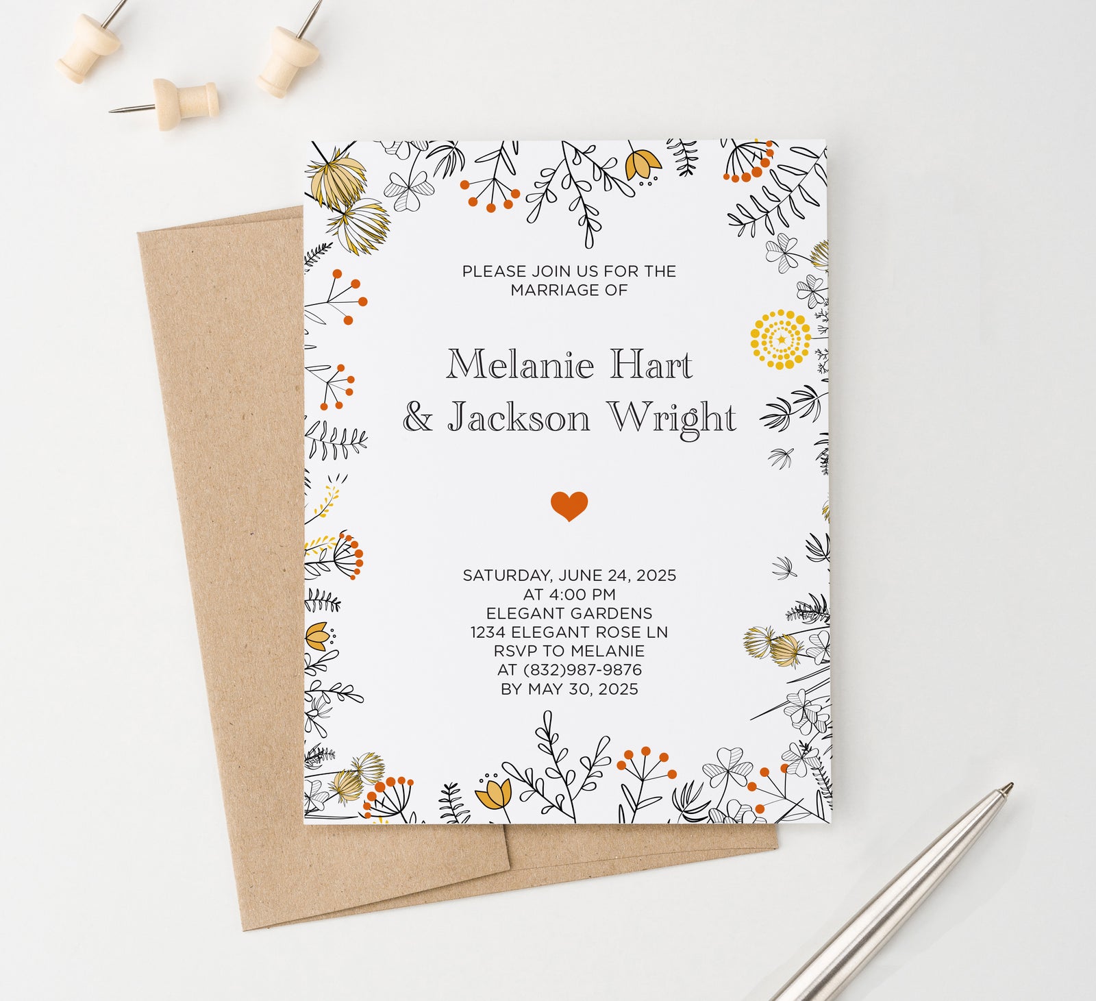 WI014 Cute Floral Wedding Invites Personalized flowers simple modern yellow orange marriage invitations