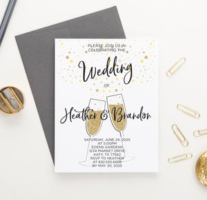 WI017 Champagne Glasses Wedding Invitations Personalized gold glitter elegant classy invites marriage
