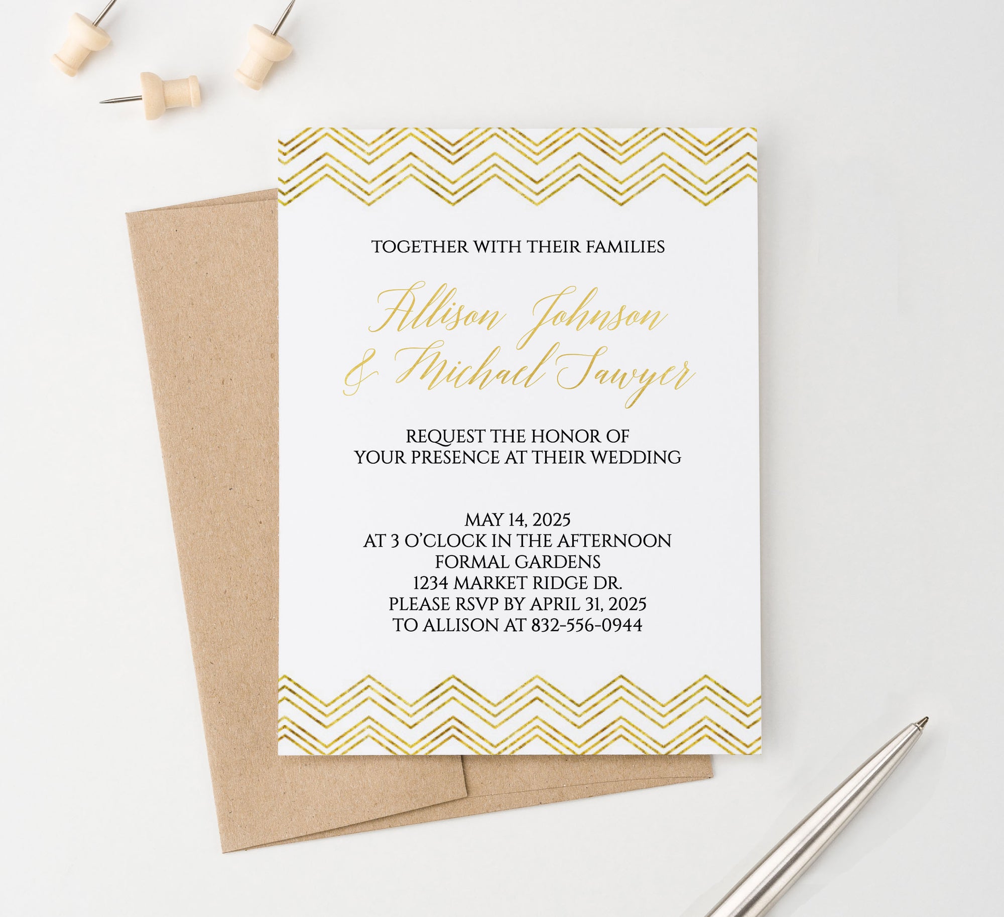 WI018 Gold Chevron Wedding Invitations-Customized elegant classic invites marriage