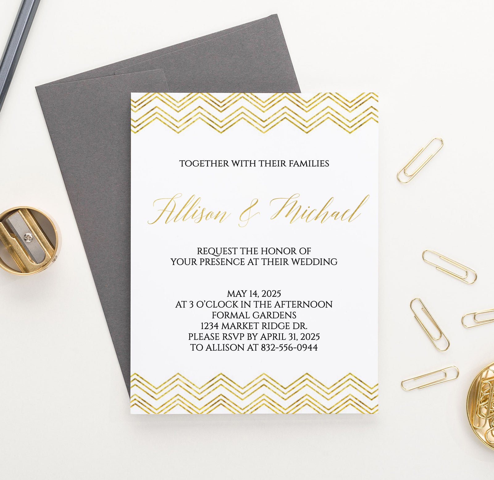 WI018 Gold Chevron Wedding Invitations-Customized elegant classic invites marriage