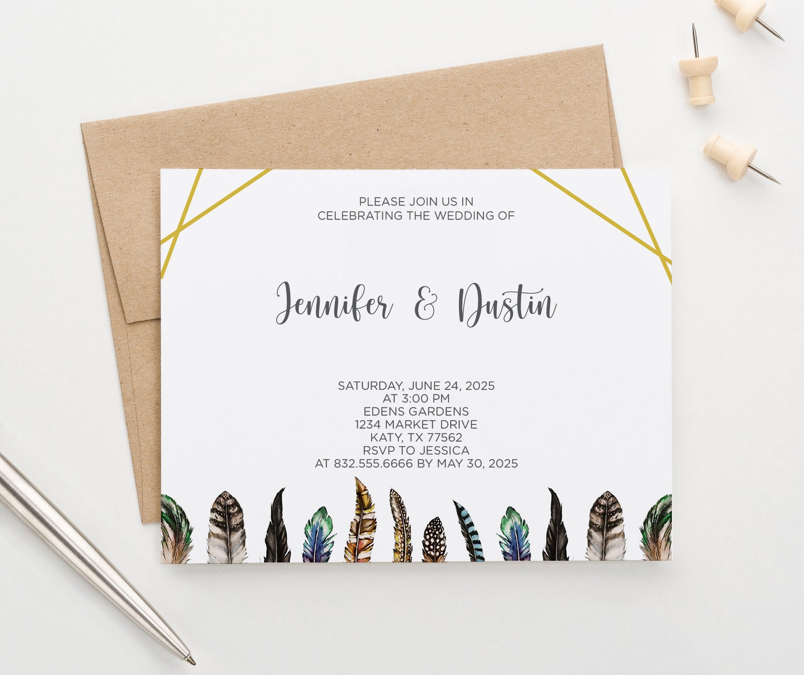    WI021 Personalized Boho Wedding Invites with Feathers feather elegant invitations marriage