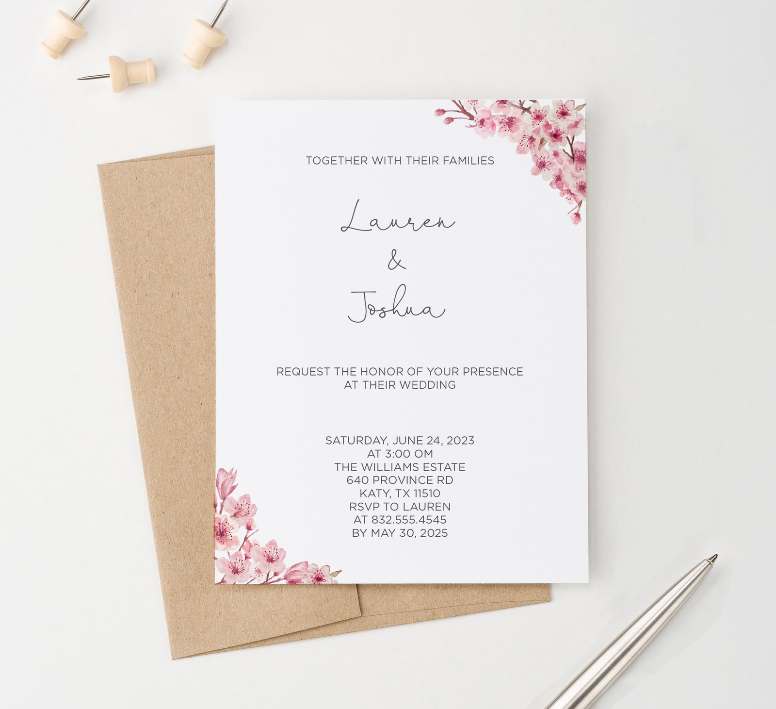 WI023 Elegant Personalized Wedding Invitations with Cherry Blossoms floral flowers florals classy invites marriage