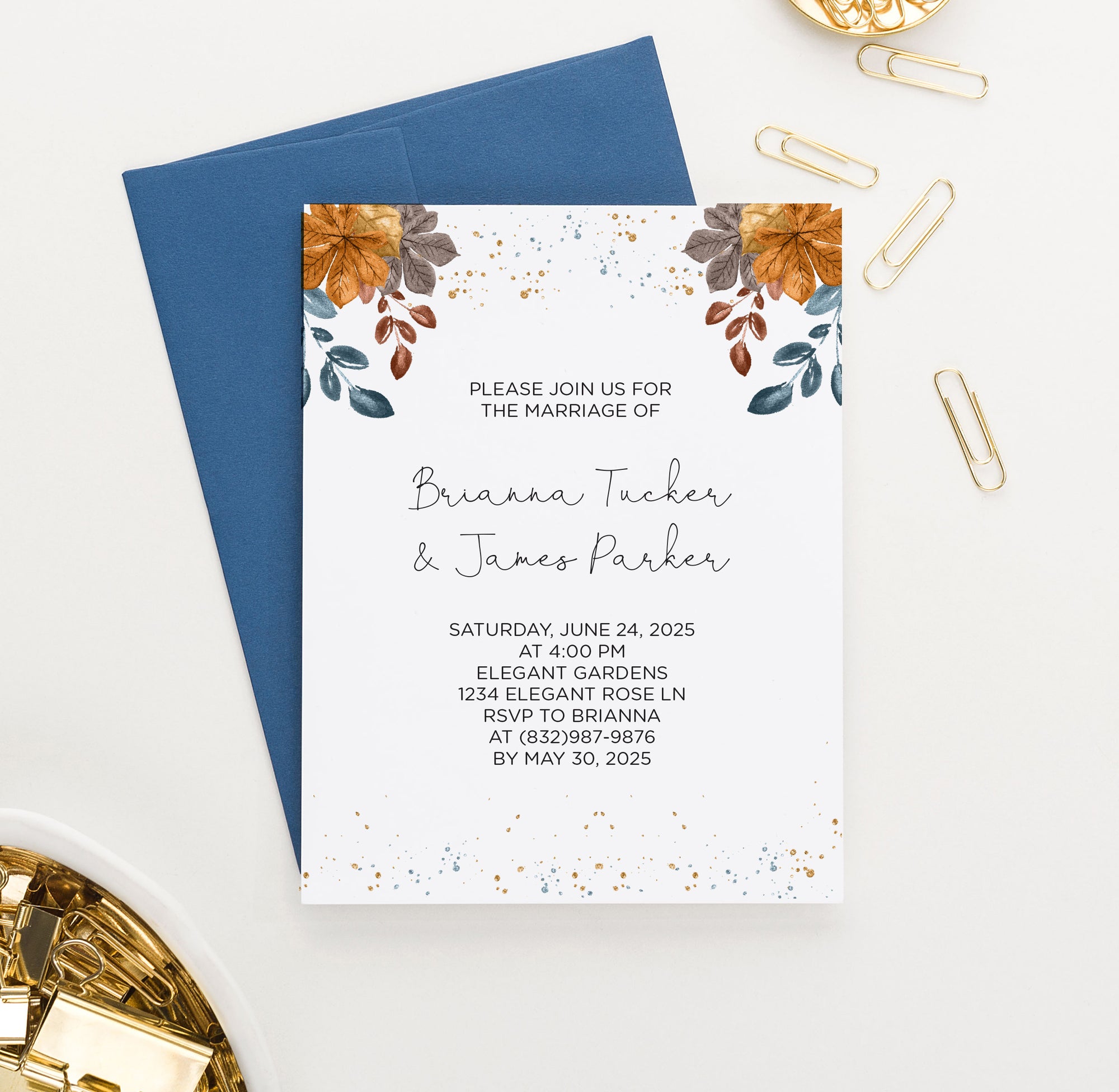    WI024 Classic Fall Wedding Invitations Personalized autumn elegant classy blue brown leaves invites marriage