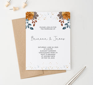    WI024 Classic Fall Wedding Invitations Personalized autumn elegant classy blue brown leaves invites marriage