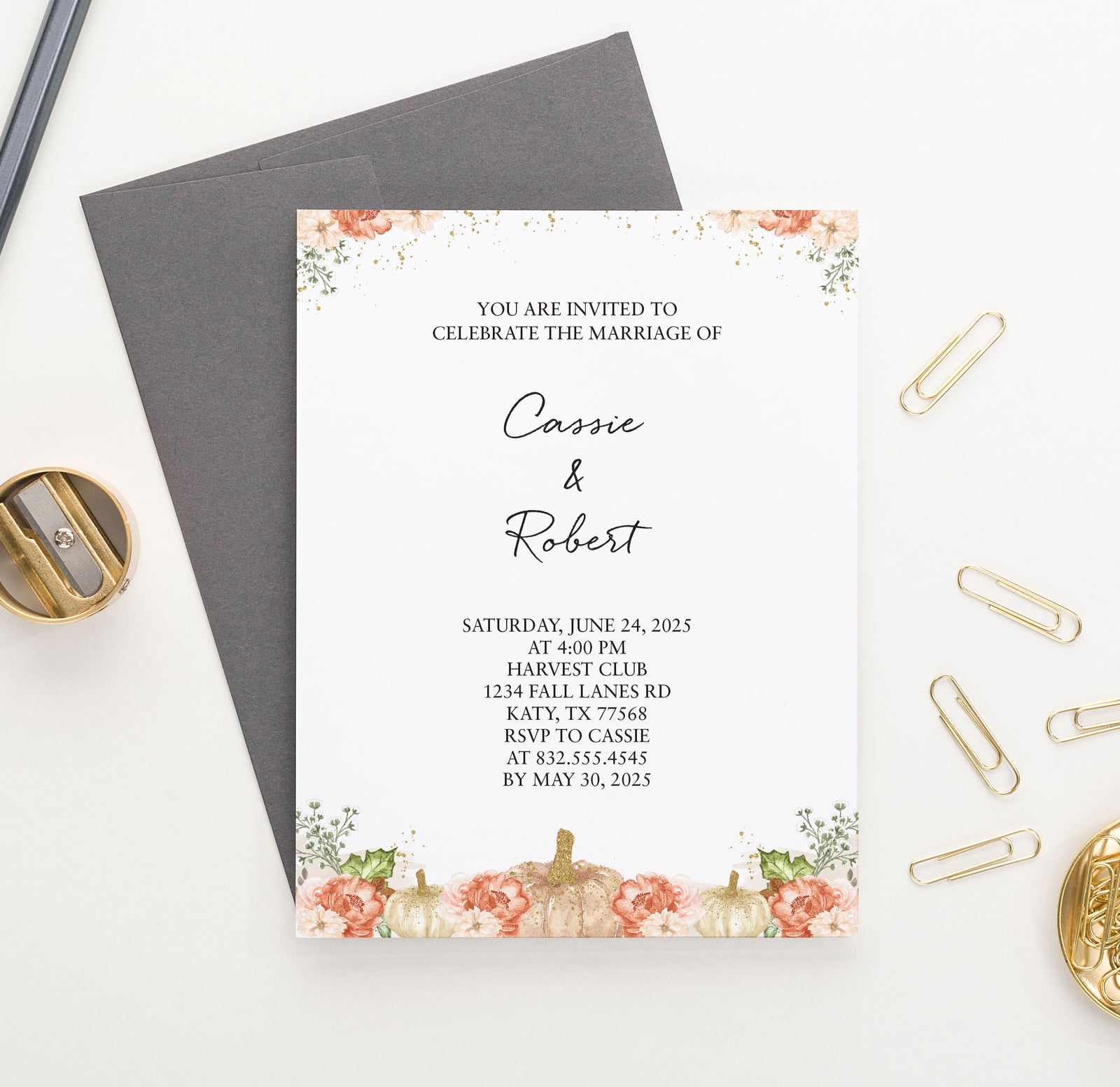 WI025 Elegant Pumpkin Wedding Invitations Personalized glitter classy pumpkins autumn invites marriage