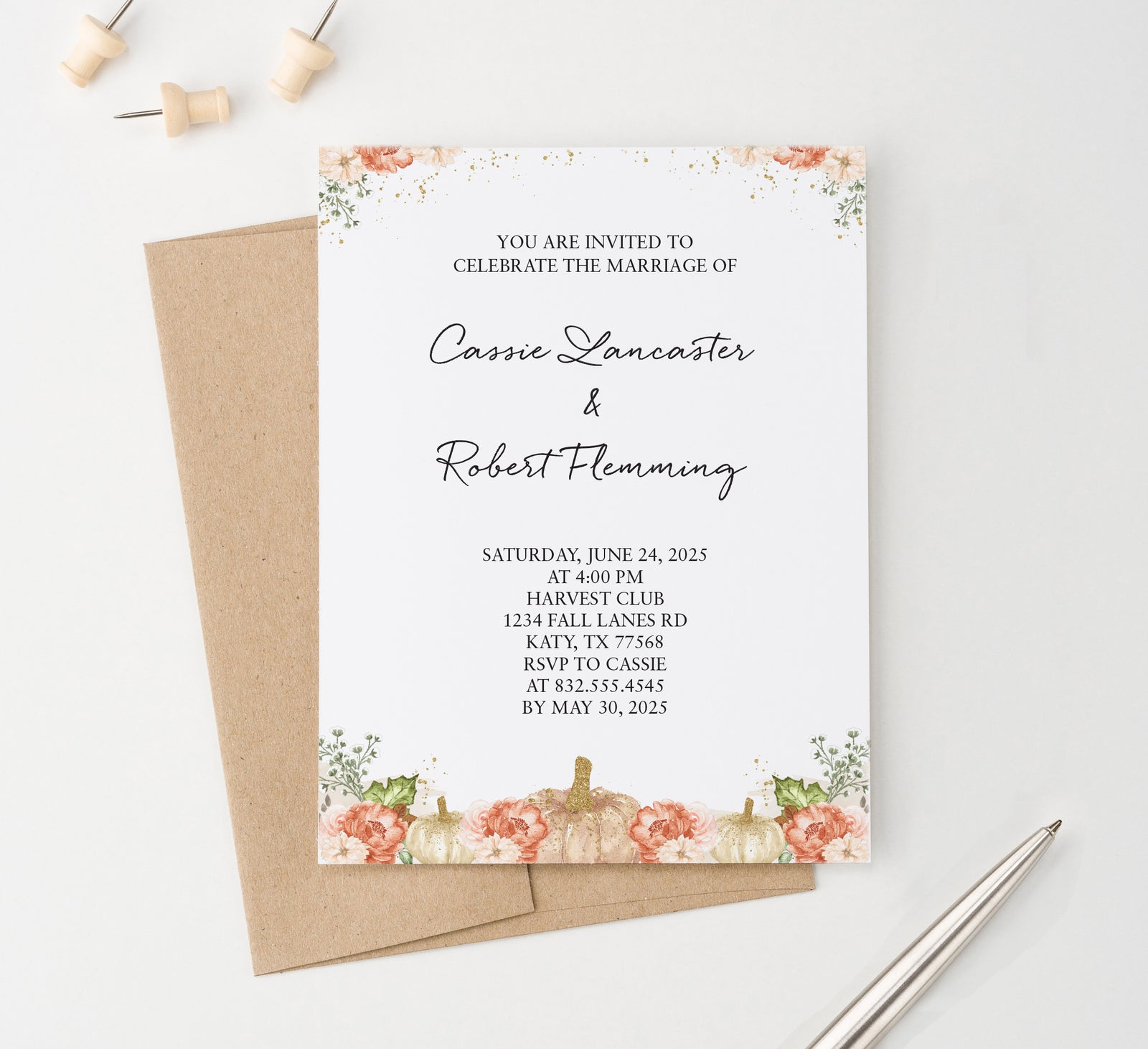 WI025 Elegant Pumpkin Wedding Invitations Personalized glitter classy pumpkins autumn invites marriage