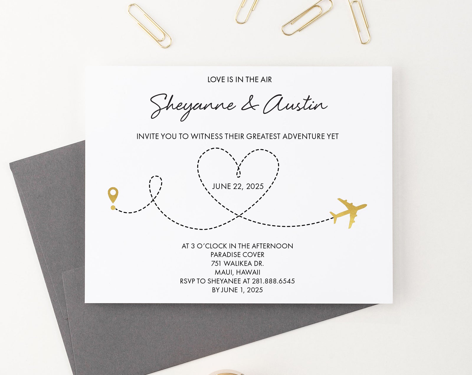 Custom Destination Wedding Invites Black and Gold