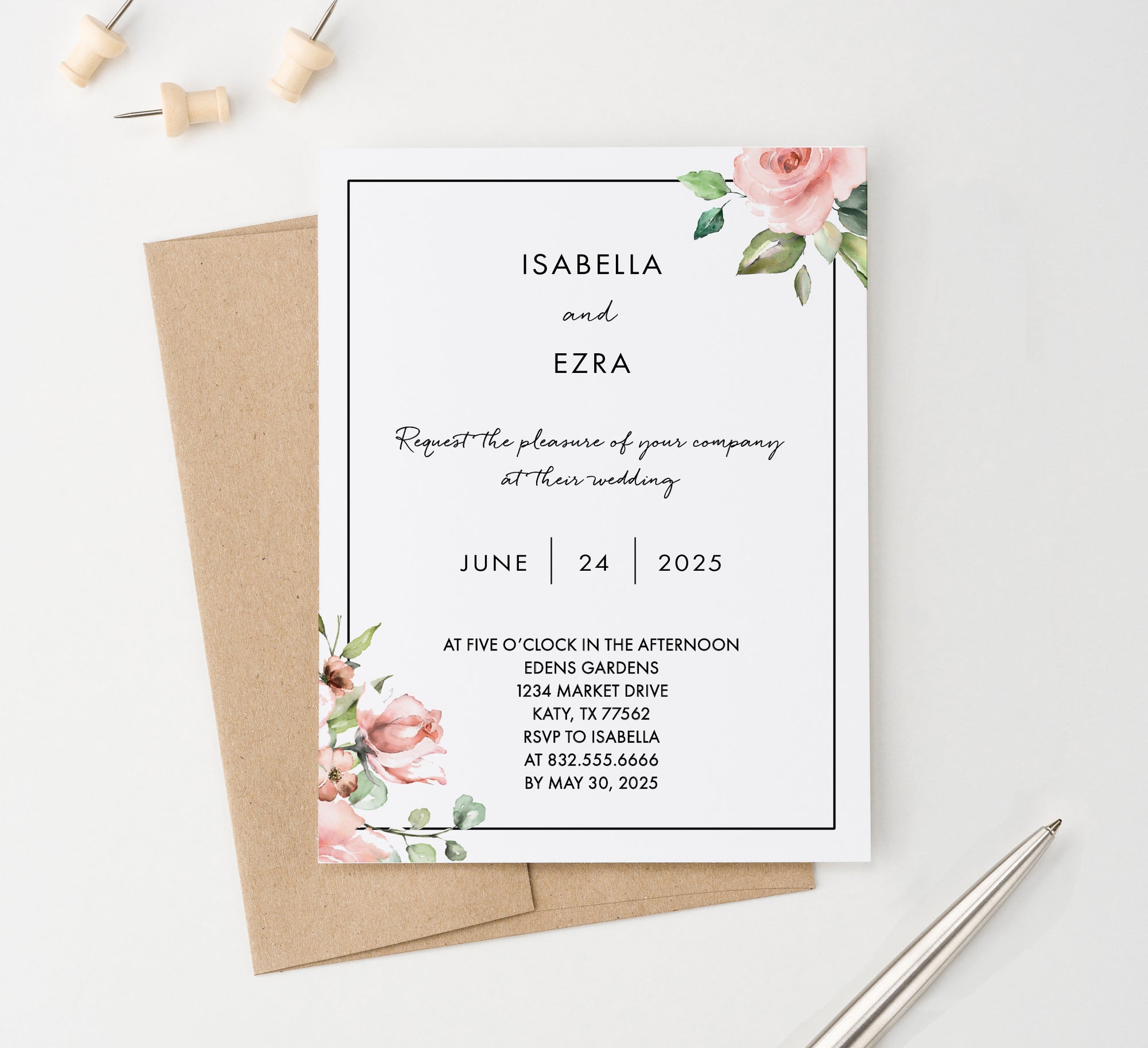 WI027 Personalized Pink Floral Corner Wedding Invitations with Border flowers modern classy classic invites marriage