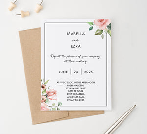 WI027 Personalized Pink Floral Corner Wedding Invitations with Border flowers modern classy classic invites marriage b