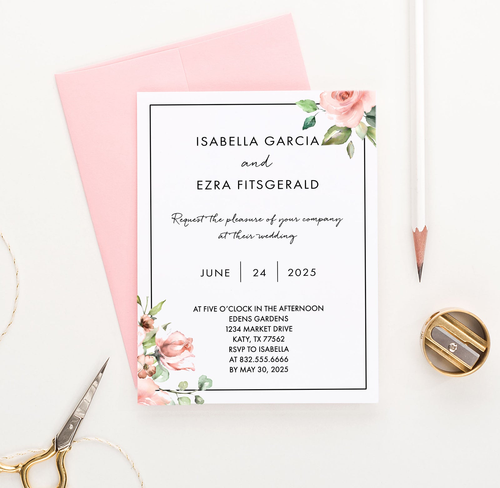 WI027 Personalized Pink Floral Corner Wedding Invitations with Border flowers modern classy classic invites marriage