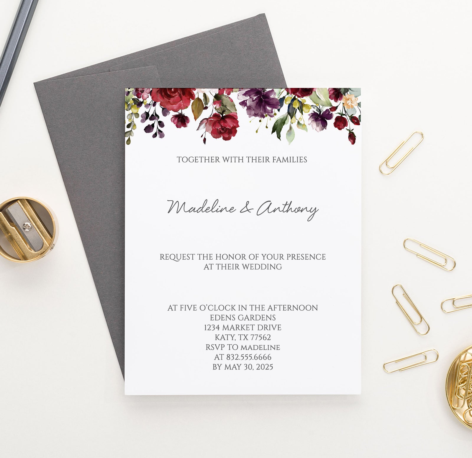    WI028 Maroon Floral Wedding Invitations Personalized fall burgundy elegant autumn invites marriage