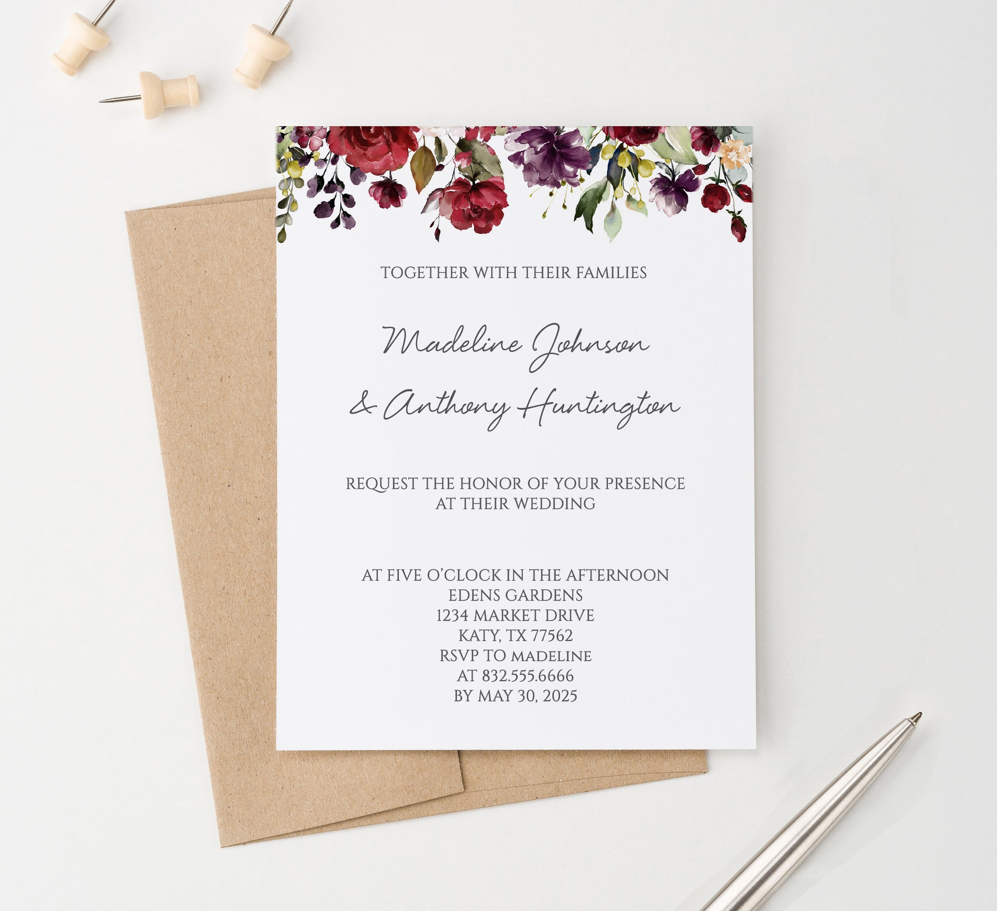    WI028 Maroon Floral Wedding Invitations Personalized fall burgundy elegant autumn invites marriage