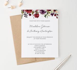    WI028 Maroon Floral Wedding Invitations Personalized fall burgundy elegant autumn invites marriage