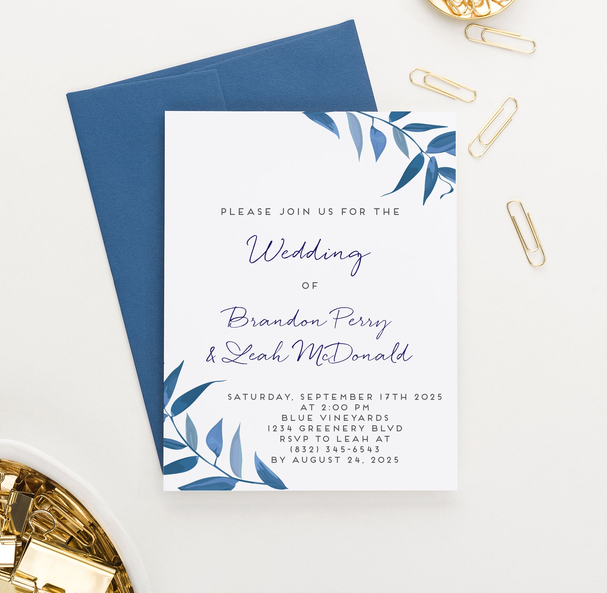 WI029 Classic Blue Greenery Wedding Invitations Customized classy elegant invites marriage