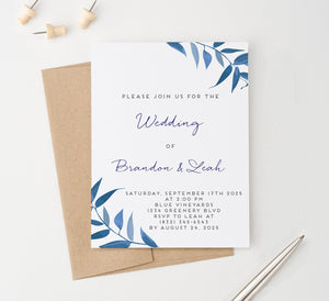 WI029 Classic Blue Greenery Wedding Invitations Customized classy elegant invites marriage