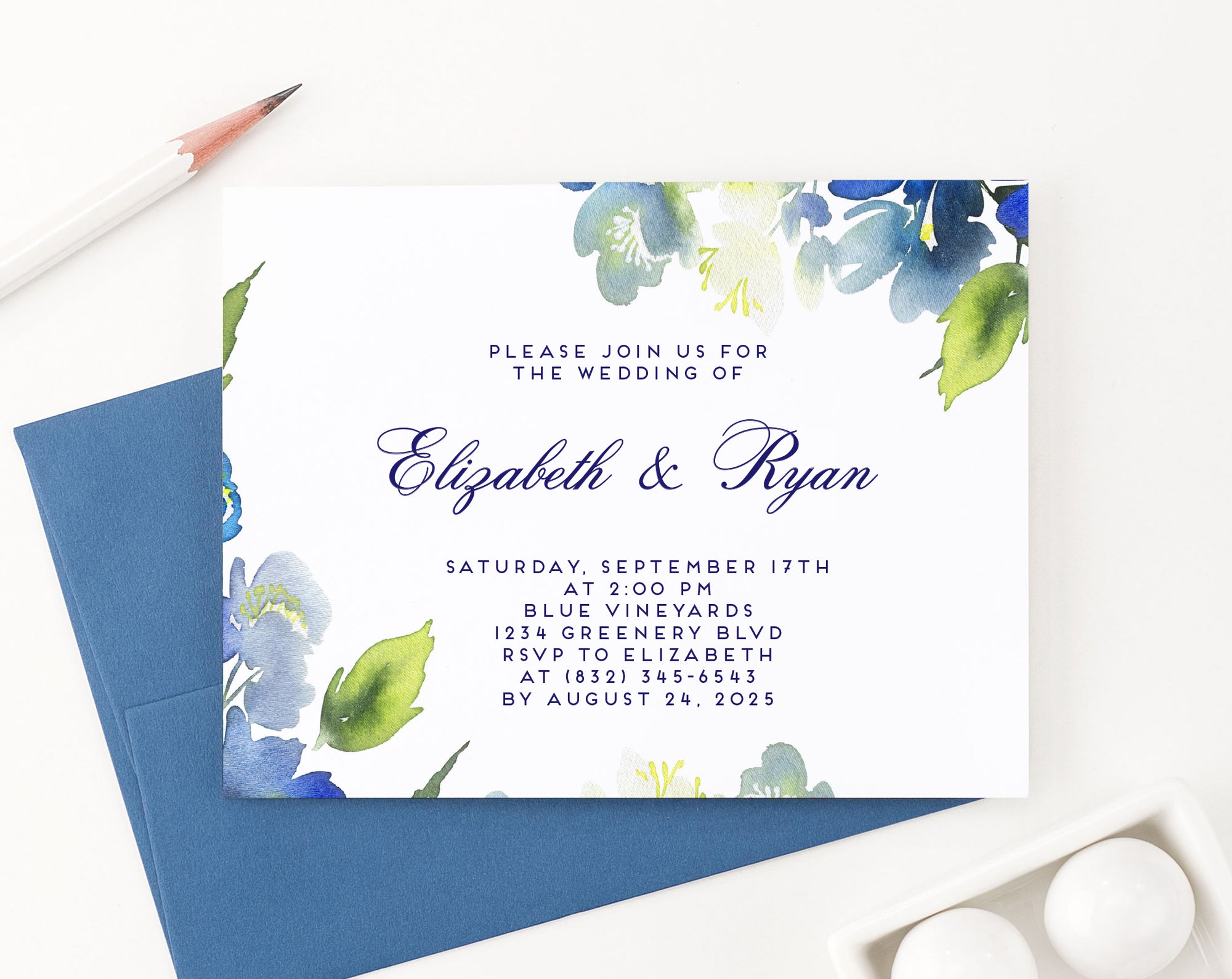Blue and Green Greenery Wedding invitations Personalized