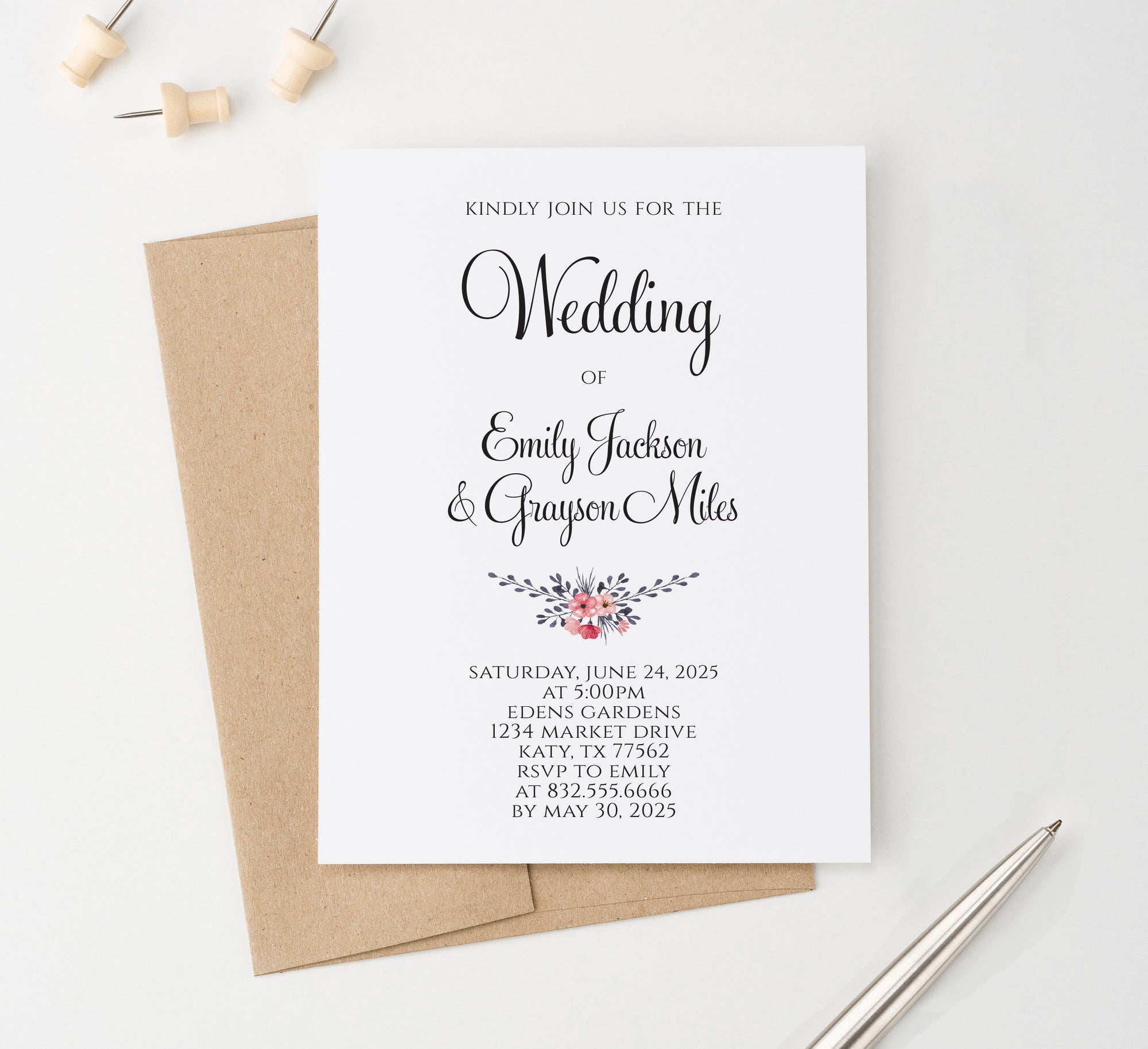 WI035 Personalized Simple Wedding Invitations with Flowers elegant classy classic invites marriage