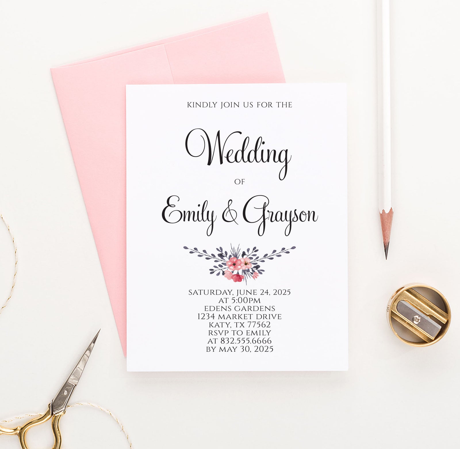 WI035 Personalized Simple Wedding Invitations with Flowers elegant classy classic invites marriage