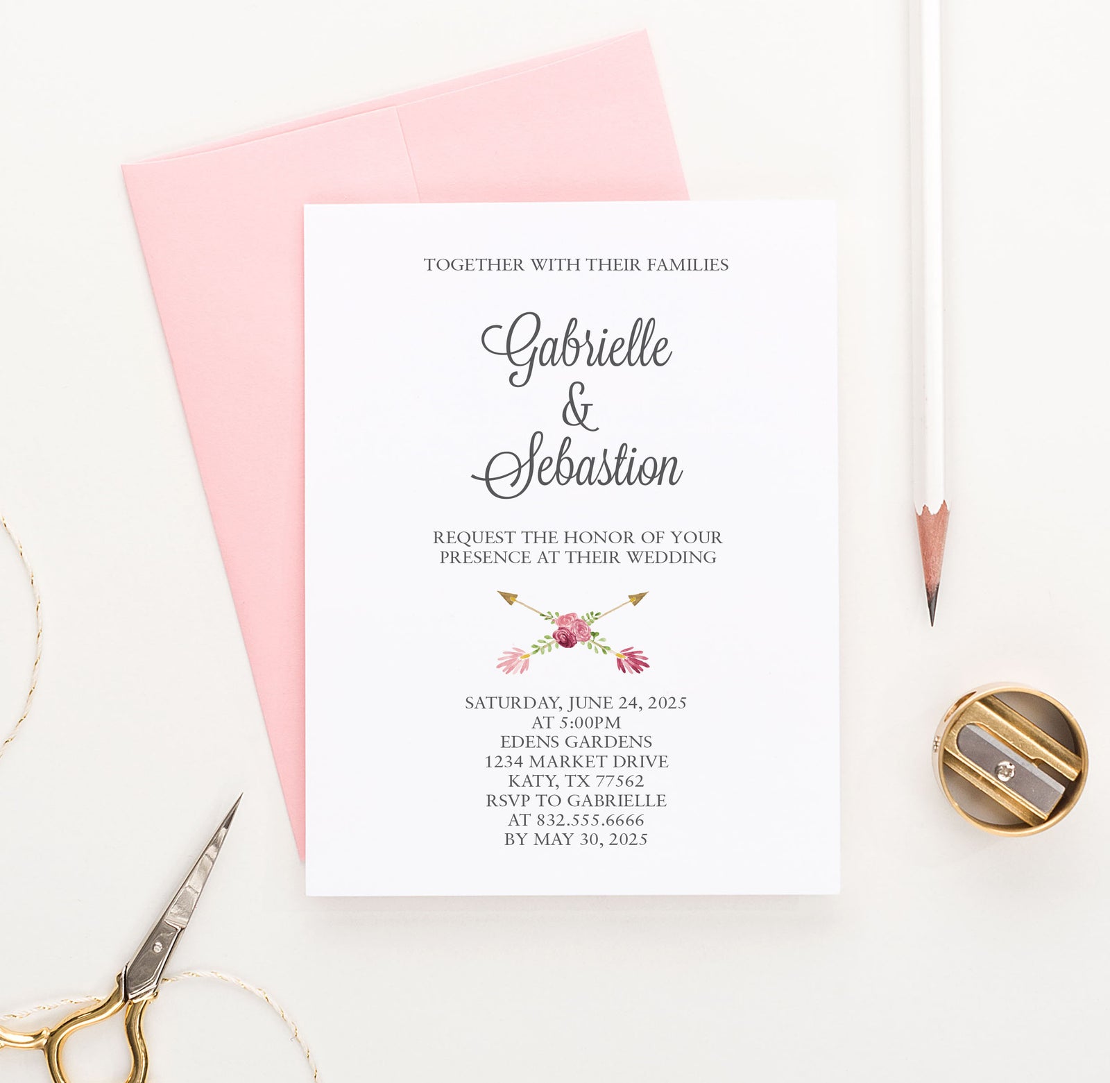 WI036 Customized Elegant Wedding Invites With Arrows and Flowers cute simple classy invitations marriage