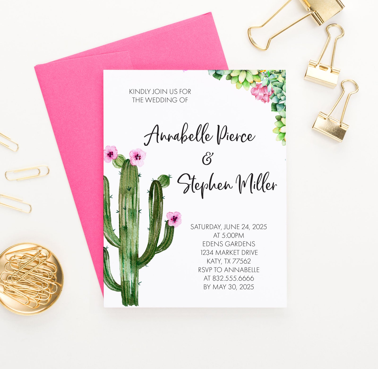 WI038 Cactus Watercolor Wedding Invite Personalized succulents succulent water color elegant modern floral invitations marriage