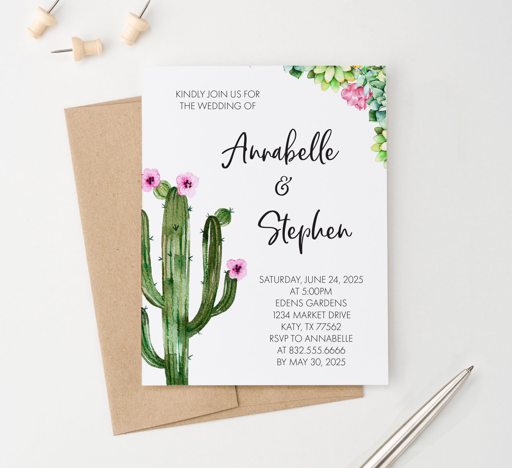 WI038 Cactus Watercolor Wedding Invite Personalized succulents succulent water color elegant modern floral invitations marriage