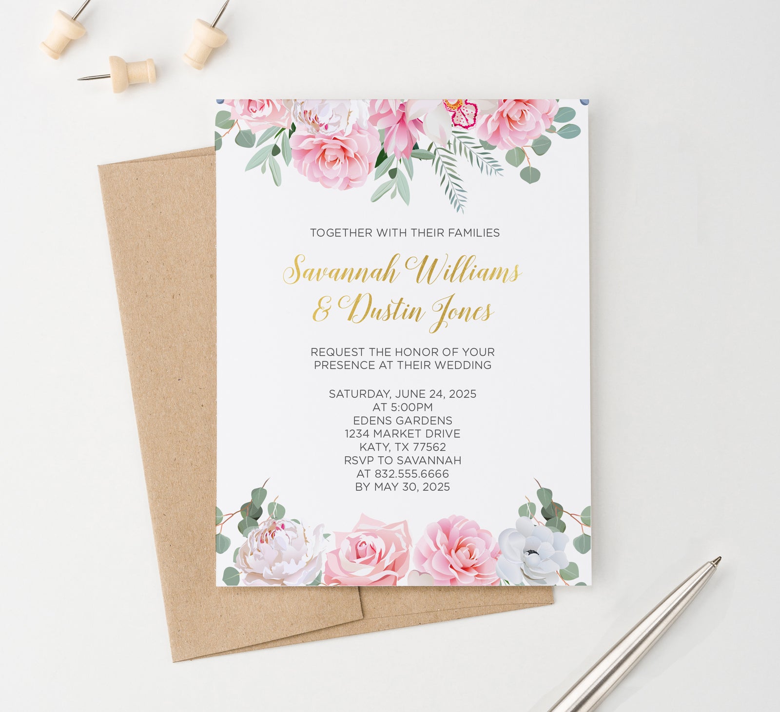 WI040 Custom Pink and White Floral Wedding Invitations flowers flower florals modern classy elegant invites marriage