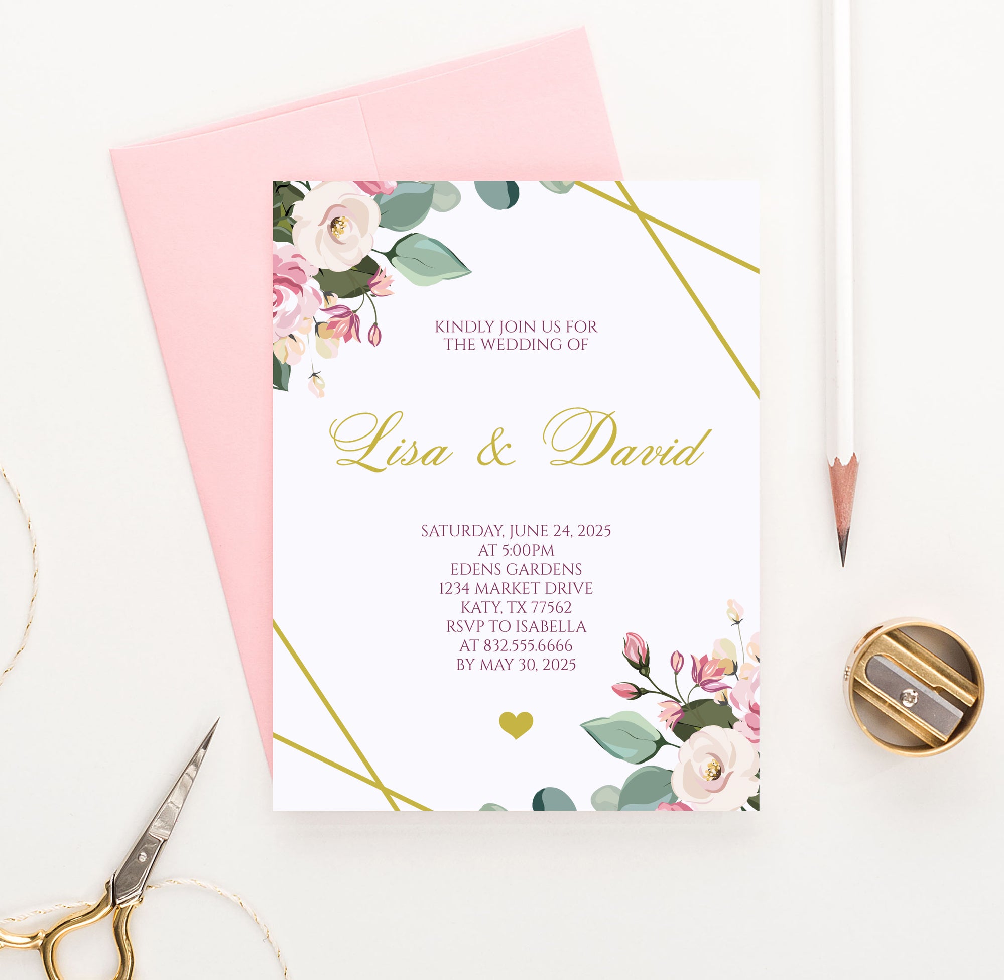 Personalized Modern Wedding Invitation with Floral Corners
