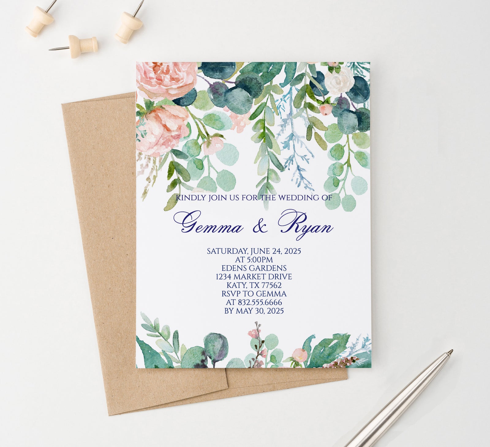 Personalized Greenery Wedding Invitations Watercolor