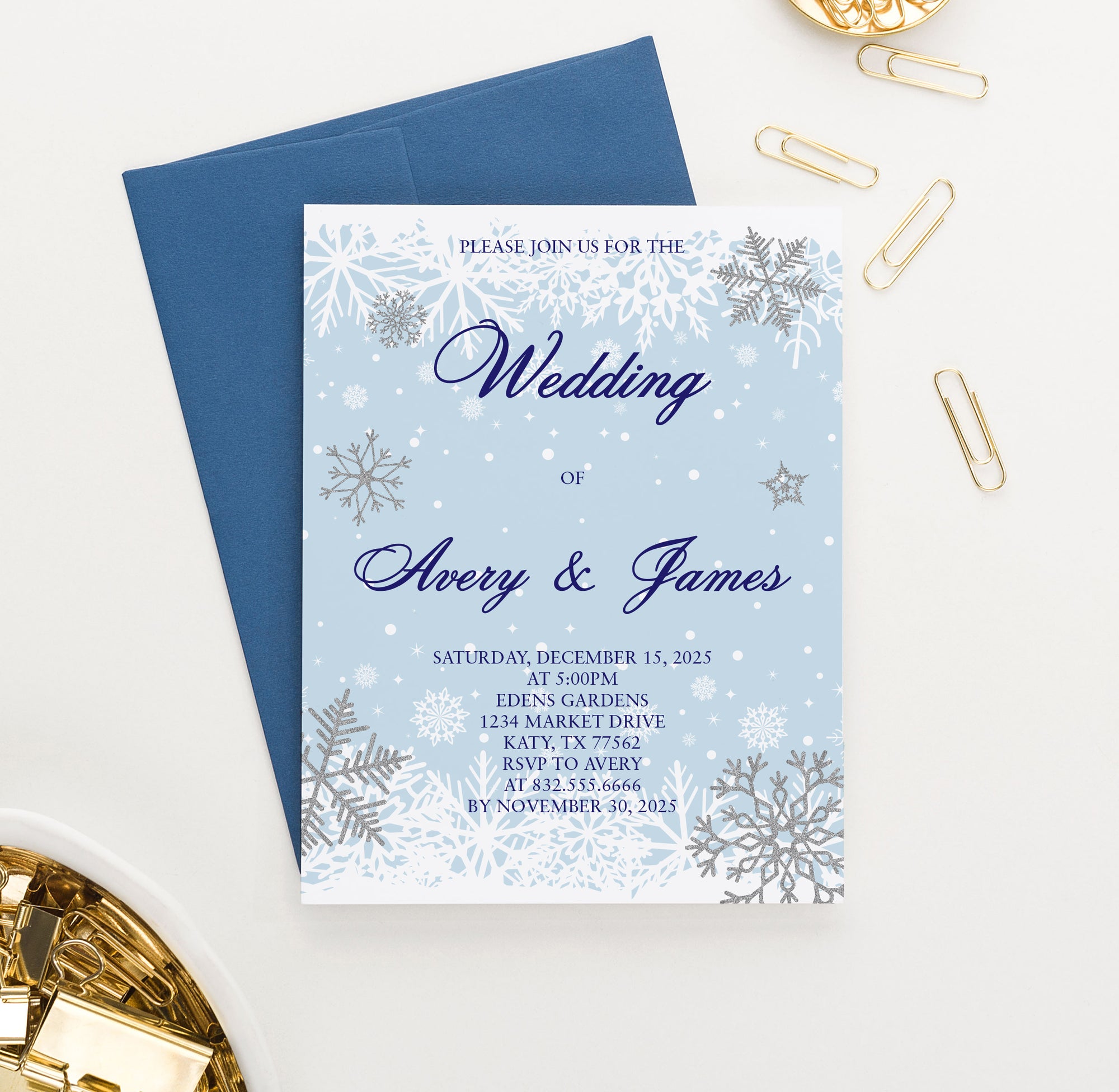 Personalized Winter Wedding Invites with Snowflakes