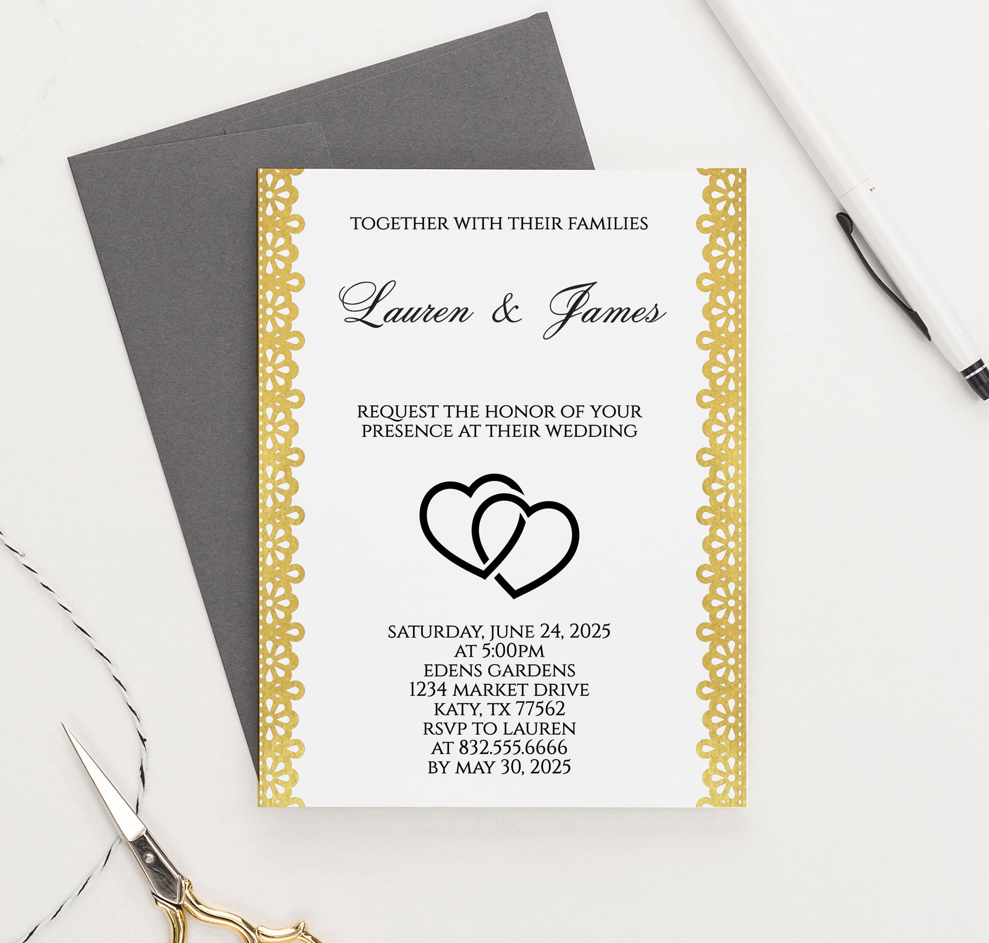 Lace Gold Wedding Invitation Personalized