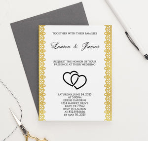 WI047 Lace Gold Wedding Invitation Personalized hearts black elegant modern classic invites marriage