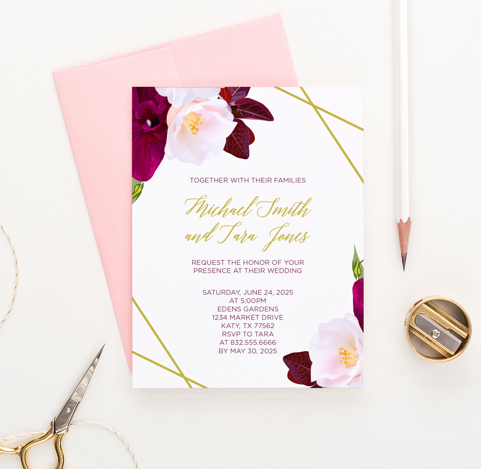 Burgundy and Pink Floral Wedding Invitations Personalized