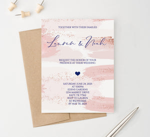 WI051 Watercolor Pink Wedding Invite Customized water color elegant invitations marriage navy