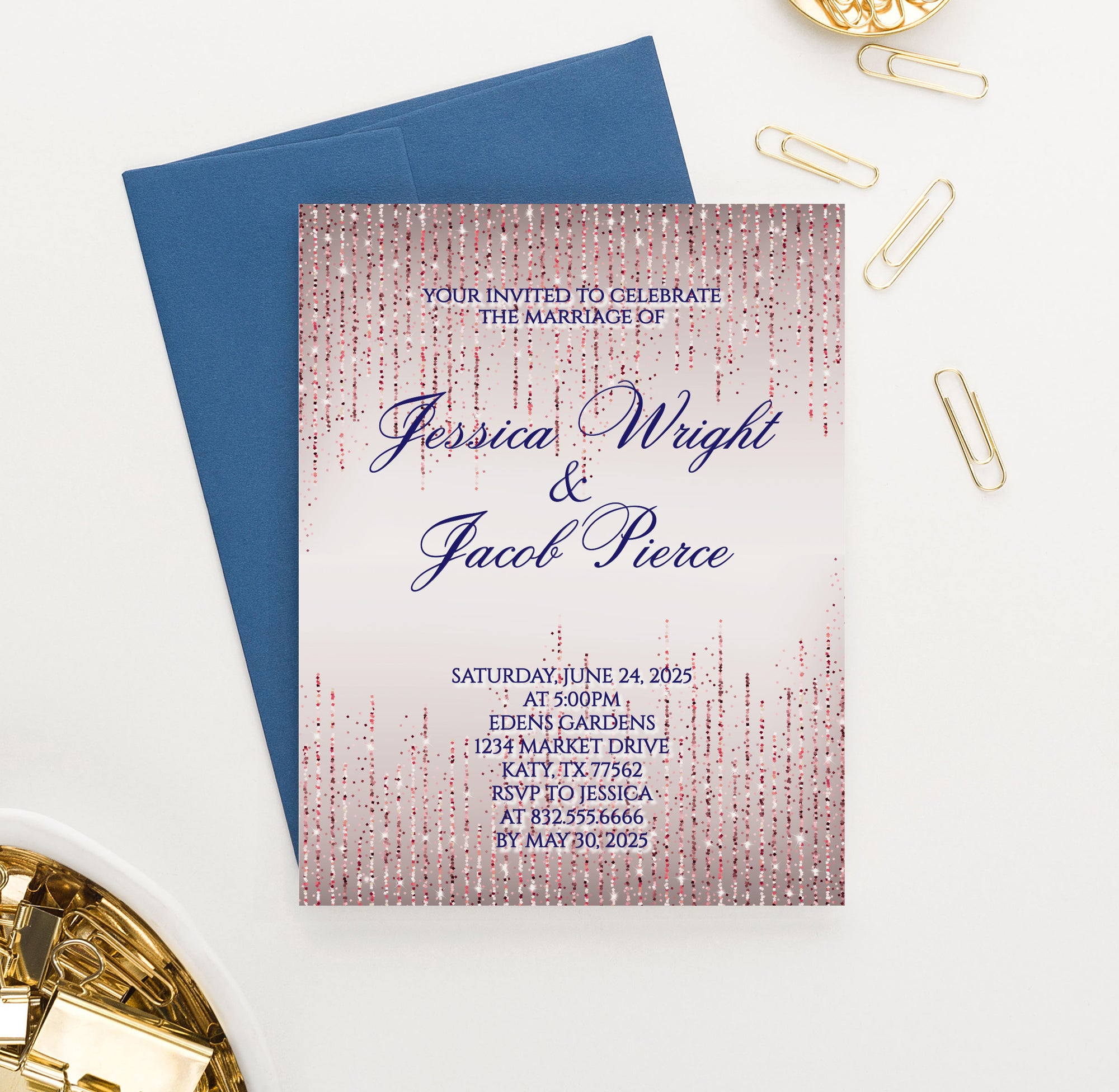 Rose Gold and Navy Wedding Invitations Personalized