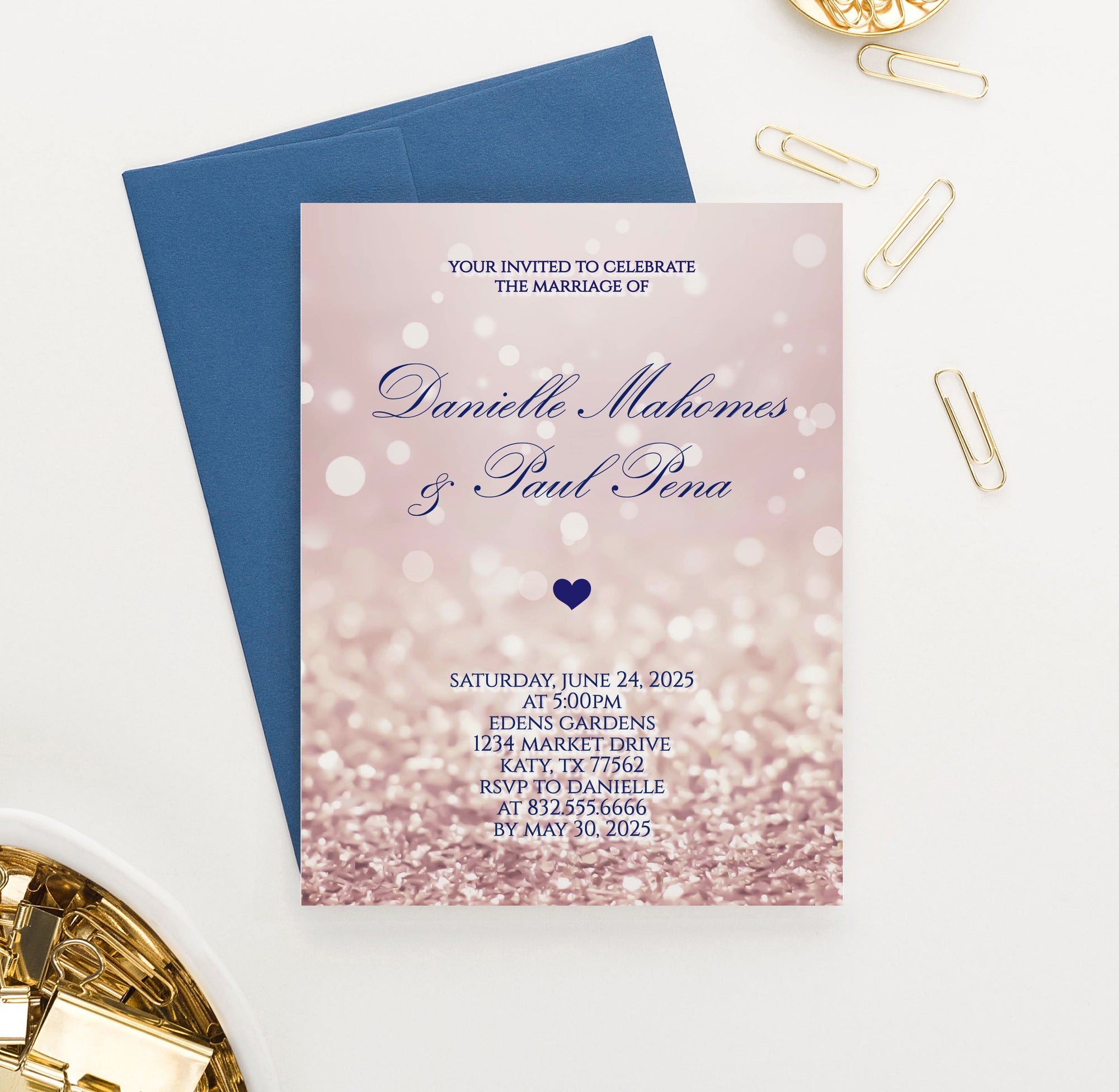 Personalized Navy and Rose Gold Wedding Invitations