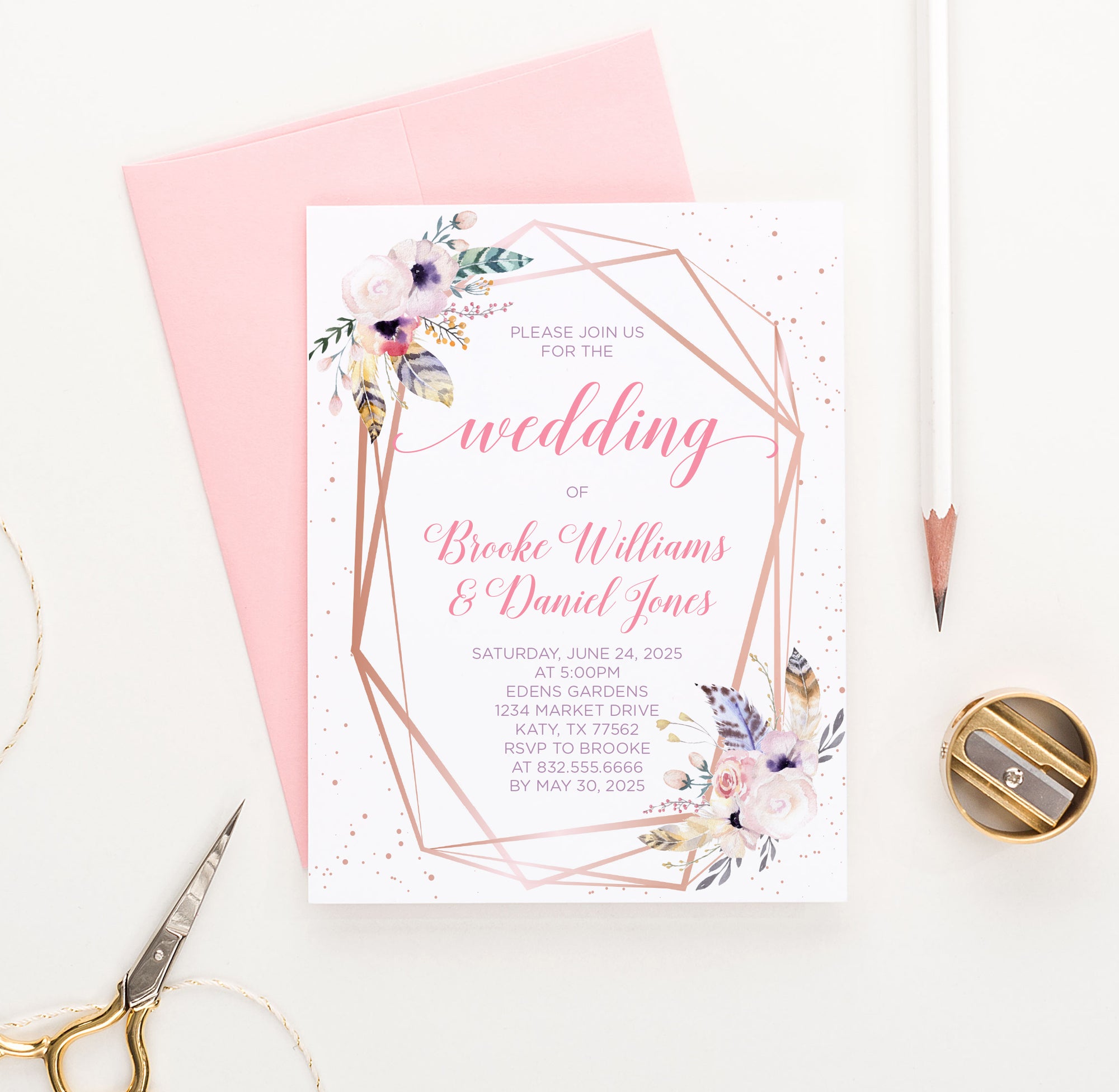 WI054 Bohemian Rose Gold Wedding Invitations Personalized invites marriage floral feather florals feathers flower flowers