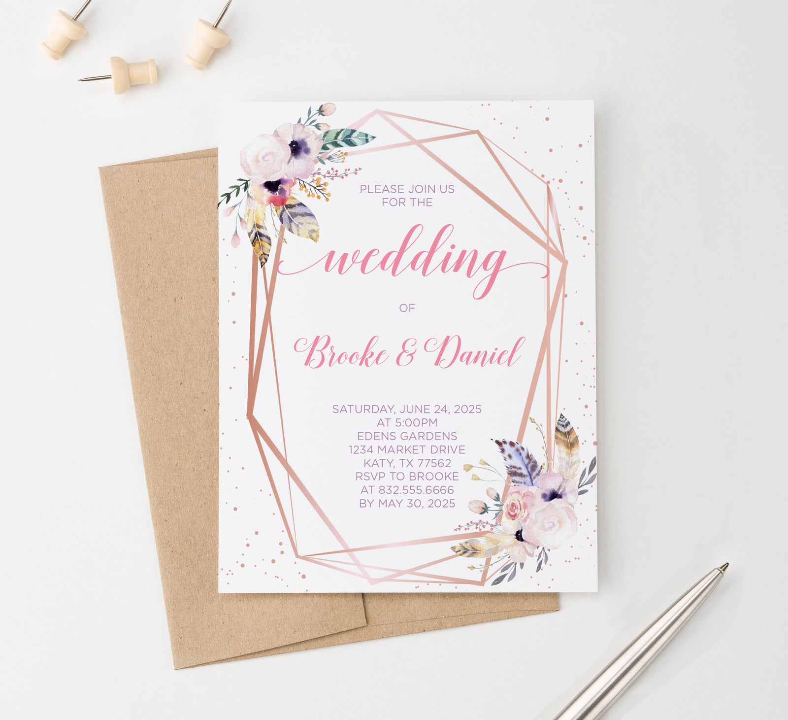 WI054 Bohemian Rose Gold Wedding Invitations Personalized invites marriage floral feather florals feathers flower flowers
