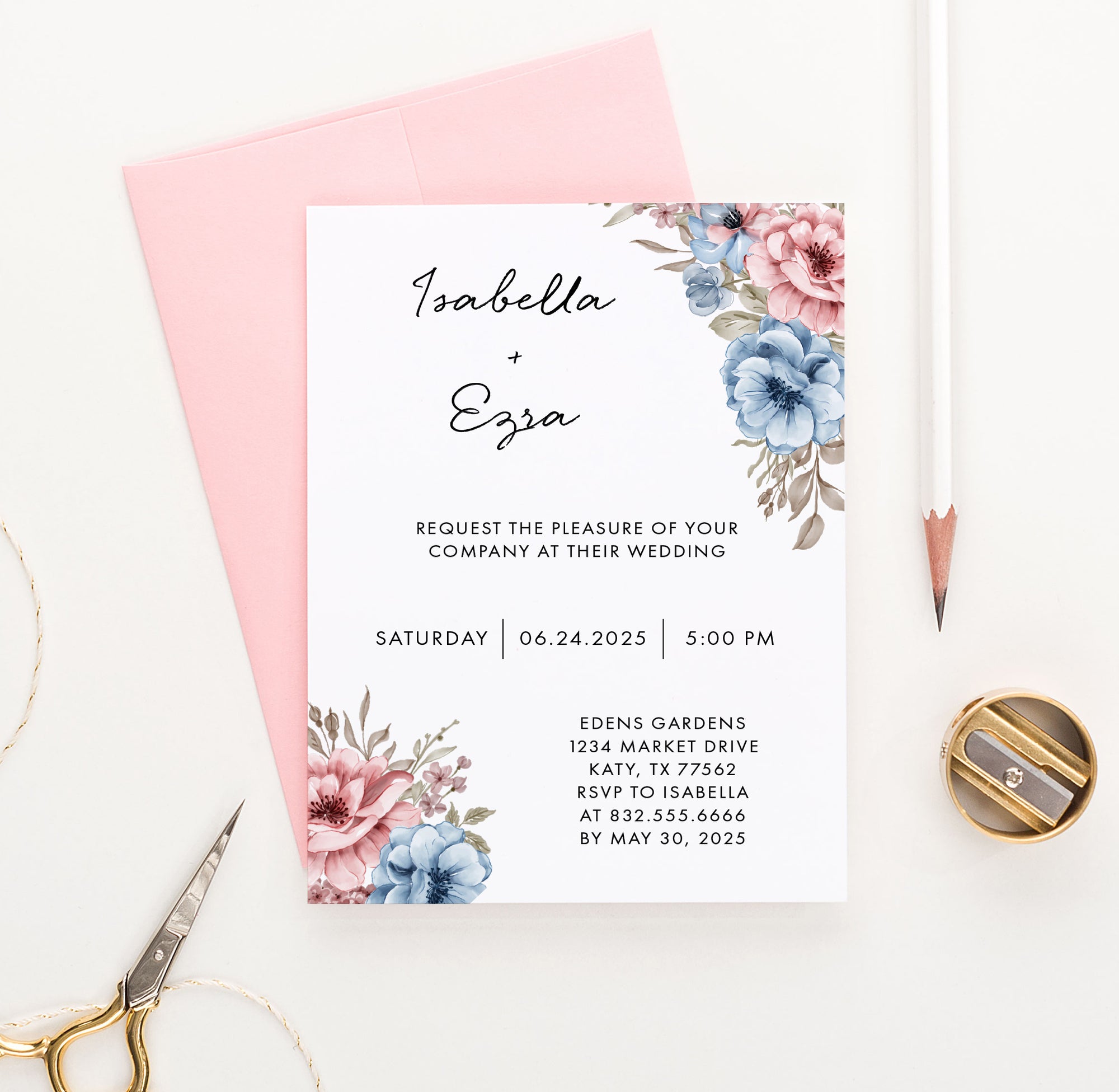 WI055 Pink and Blue Floral Wedding Invites Personalized invitations marriage florals flowers flower elegant modern classy watercolor