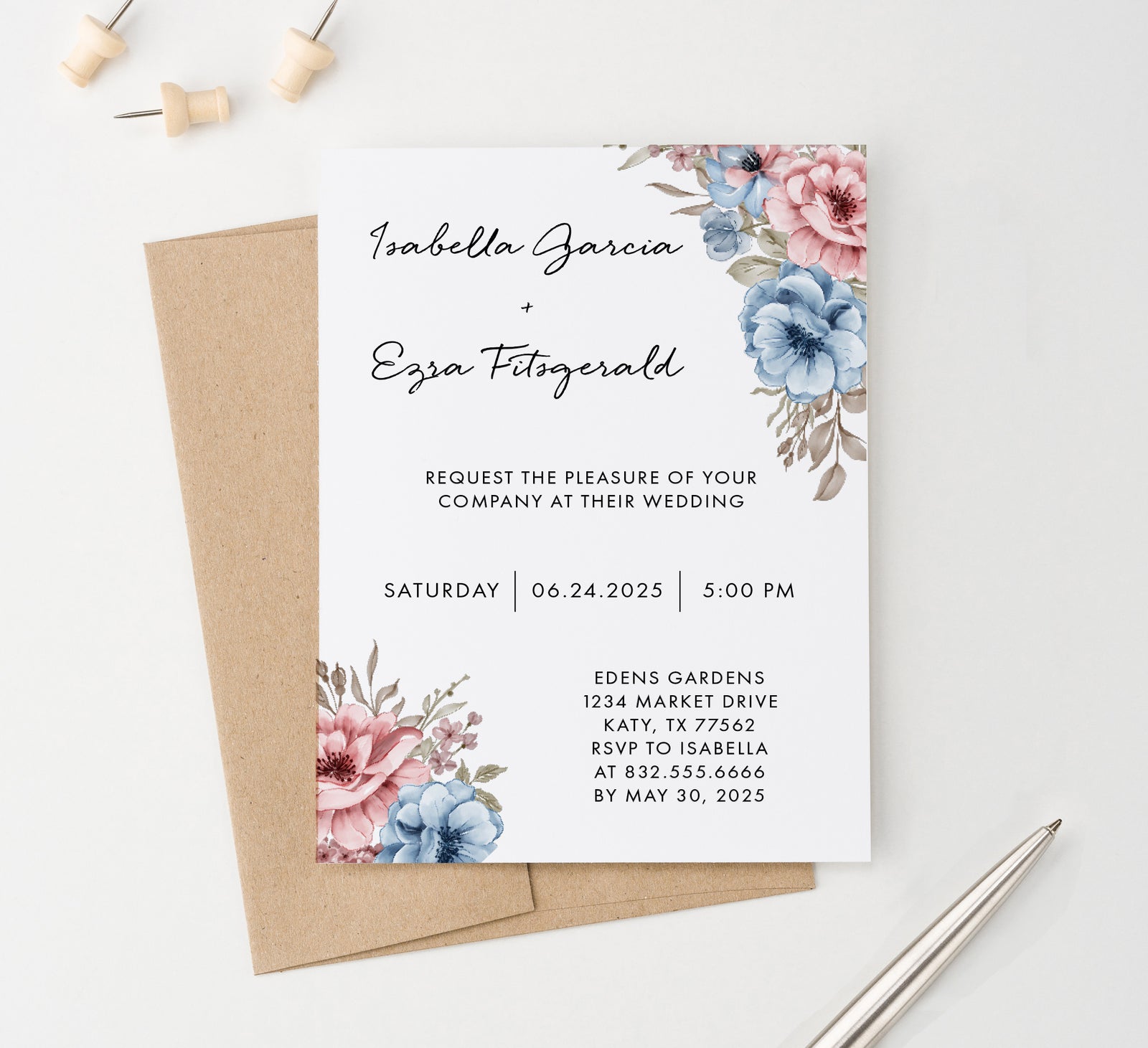 WI055 Pink and Blue Floral Wedding Invites Personalized invitations marriage florals flowers flower elegant modern classy watercolor