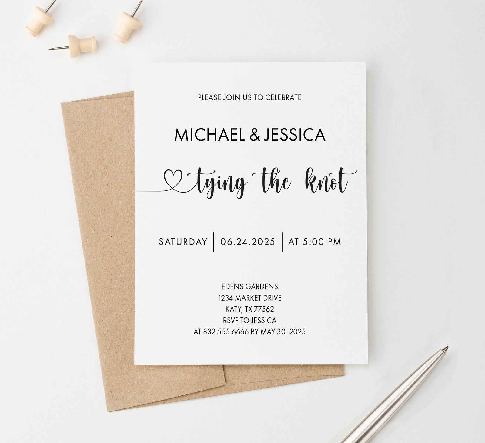 WI057 Personalized Tying The Knot Wedding Invitation invite marriage simple classic classy modern calligraphy