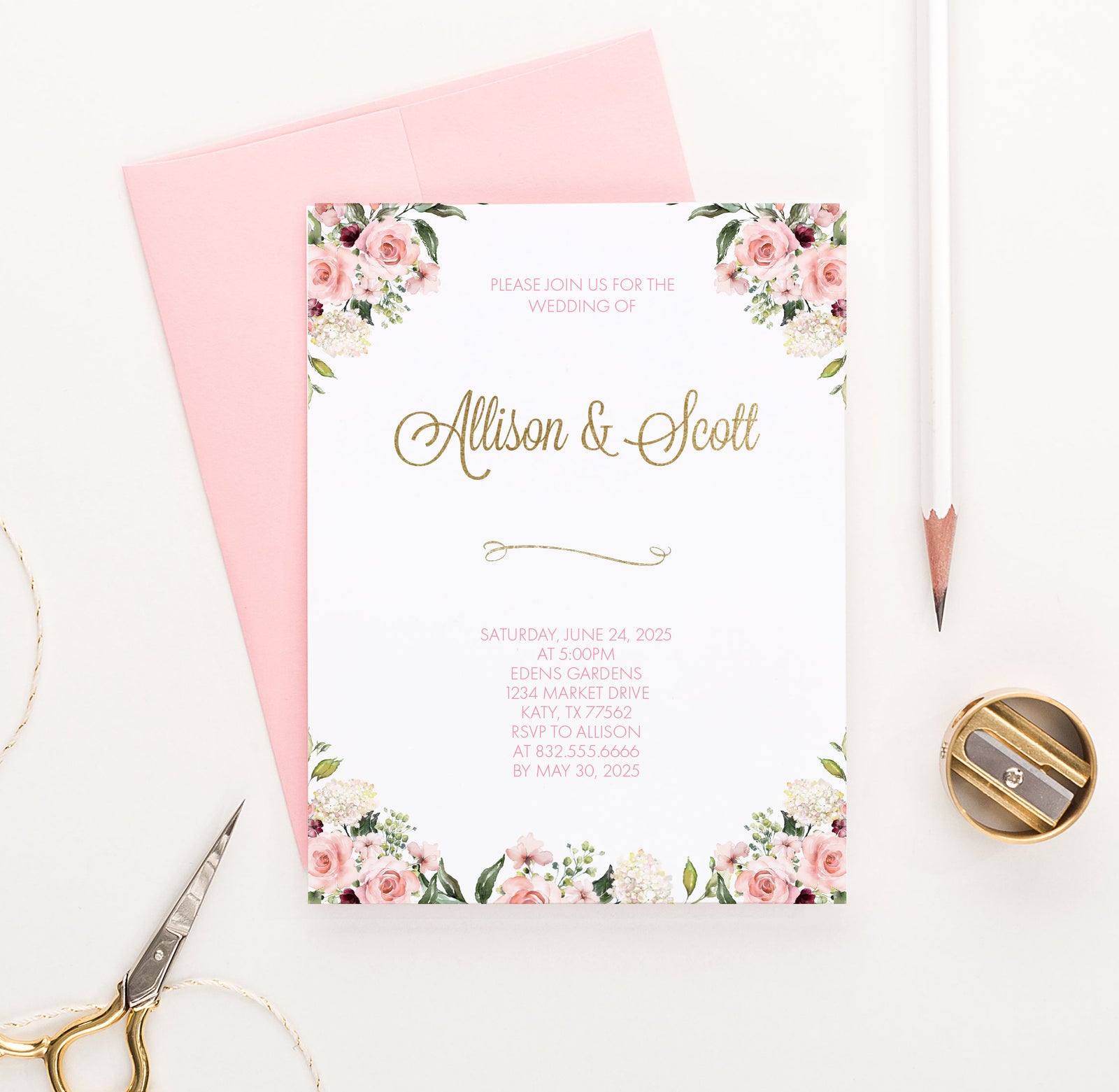 WI060 Customized Elegant Floral Wedding Invites with Gold Glitter florals flower flowers modern marriage invitations