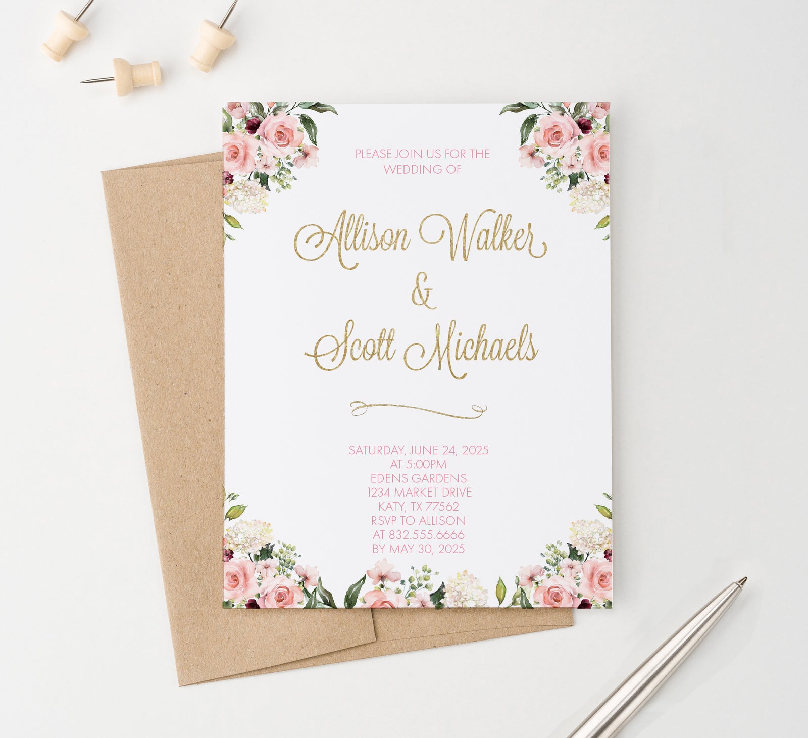 WI060 Customized Elegant Floral Wedding Invites with Gold Glitter florals flower flowers modern marriage invitations